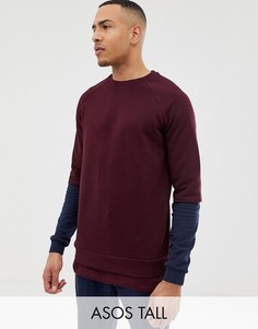 Бордовый свитшот с контрастными рукавами и вставкой по краю ASOS DESIGN Tall-Красный
