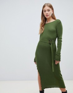 Облегающее платье миди в рубчик с фактурной отделкой и поясом ASOS DESIGN-Зеленый