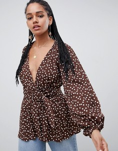 Топ в горошек с длинными рукавами и поясом ASOS DESIGN-Мульти