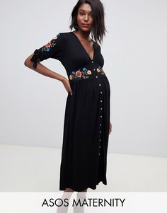 Чайное платье миди на пуговицах с вышивкой ASOS DESIGN Maternity-Черный