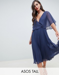 Платье миди с рукавами клеш и плиссированной юбкой ASOS DESIGN Tall-Синий