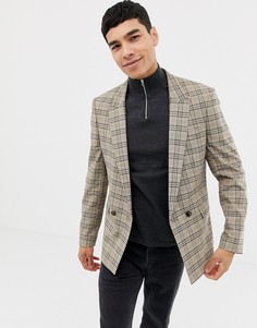 Коричневый двубортный блейзер скинни в клетку ASOS DESIGN