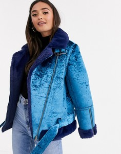 Синяя бархатная байкерская куртка ASOS DESIGN-Синий
