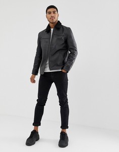 Черная кожаная куртка с воротником из искусственного меха ASOS DESIGN-Черный