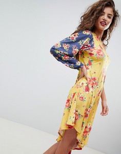 Платье миди на одно плечо колор блок с цветочным принтом ASOS DESIGN-Мульти
