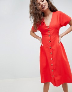 Приталенное платье миди в стиле casual на пуговицах ASOS DESIGN-Красный
