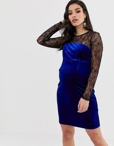 Бархатное облегающее платье мини с кружевной отделкой ASOS DESIGN Maternity-Синий