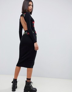 Облегающее платье миди с вышивкой и открытой спиной ASOS DESIGN-Черный