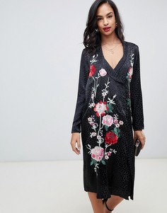 Жаккардовое платье миди с длинными рукавами и вышивкой ASOS DESIGN-Черный