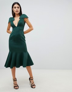 Облегающее платье миди с глубоким вырезом и баской ASOS DESIGN-Зеленый