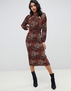 Плиссированное платье миди с леопардовым принтом и вырезами ASOS DESIGN-Мульти