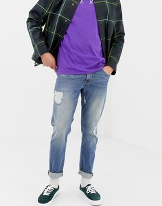 Светлые суженные книзу рваные джинсы из денима плотностью 12,5 унции ASOS DESIGN-Синий