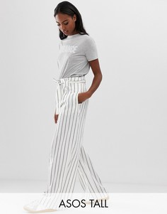 Широкие брюки в полоску с высокой присборенной талией и поясом ASOS DESIGN Tall-Мульти