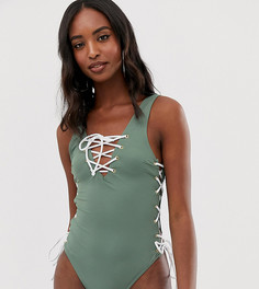 Слитный купальник цвета хаки со шнуровкой ASOS DESIGN Tall-Зеленый