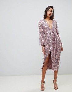 Платье миди с пайетками и ленточной завязкой на талии ASOS DESIGN-Розовый