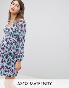 Плиссированное чайное платье мини с широким поясом и цветочным принтом ASOS DESIGN Maternity-Мульти