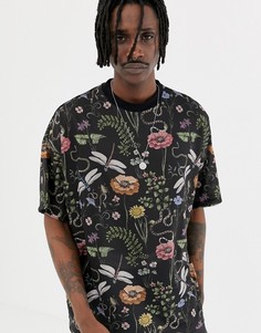 Oversize-футболка с цветочным принтом и стрекозами ASOS DESIGN-Черный