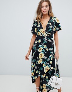 Черное платье миди с запахом, цветочным принтом и асимметричным краем Missguided-Черный