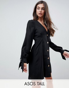 Короткое приталенное платье на пуговицах с завязками на рукавах ASOS DESIGN Tall-Черный