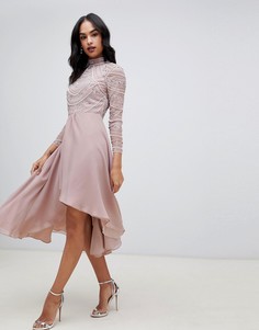 Платье миди с длинными рукавами и отделкой на лифе ASOS DESIGN-Розовый