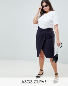 Юбка миди с запахом и поясом ASOS DESIGN Curve-Темно-синий