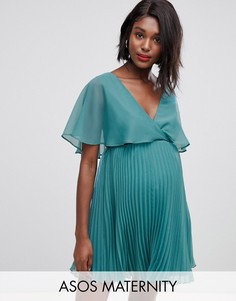 Платье мини с рукавами клеш и плиссированной юбкой ASOS DESIGN Maternity-Зеленый