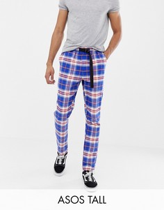 Суженные книзу брюки в клетку с ремнем ASOS DESIGN Tall-Синий