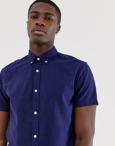 Синяя рубашка с короткими рукавами из ткани с добавлением льна Jack & Jones Essentials-Синий