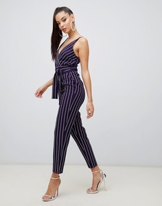 Темно-синий комбинезон в полоску с запахом и поясом ASOS DESIGN-Мульти