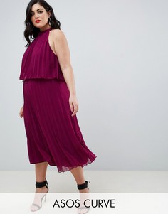 Плиссированное платье миди с завязкой на шее ASOS DESIGN Curve-Красный