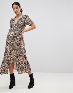 Чайное платье миди в рубчик со звериным принтом ASOS DESIGN Maternity-Мульти