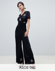 Чайный комбинезон с вышивокой и кружевной отделкой ASOS DESIGN Tall-Черный
