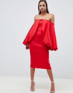 Облегающее премиум-платье миди с пышными рукавами ASOS DESIGN-Красный