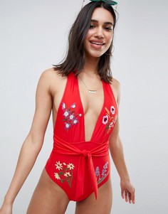 Красный слитный купальник с цветочной вышивкой и завязкой на поясе ASOS DESIGN
