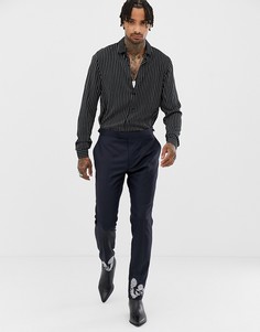 Темно-синие облегающие брюки из 100% шерсти с вышивкой ASOS EDITION-Темно-синий