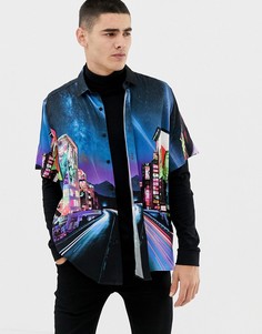 Атласная свободная рубашка с городским принтом ASOS DESIGN-Мульти