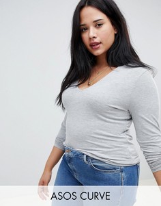 Серый лонгслив с V-образным вырезом ASOS DESIGN Curve