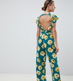 Комбинезон с открытой спиной с оборками и цветочным принтом ASOS DESIGN Petite-Мульти