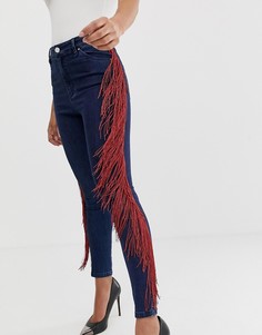 Темные джинсы скинни с завышенной талией и бахромой по бокам ASOS DESIGN-Синий