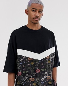 Свободная футболка с рукавами до локтя и вставкой с цветочным принтом ASOS DESIGN-Черный