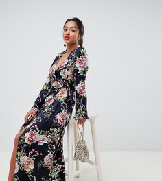 Темно-синее атласное платье макси с цветочным принтом ASOS DESIGN Petite-Мульти