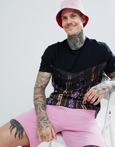 Свободная футболка со вставкой с ацтекским принтом и бахромой ASOS DESIGN-Черный