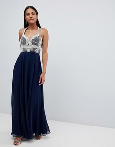Платье макси с жемчужной отделкой на лифе ASOS DESIGN-Темно-синий