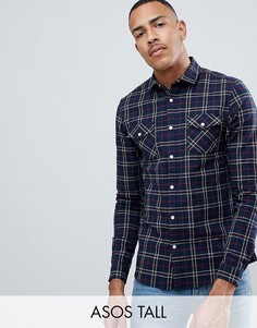 Приталенная клетчатая рубашка в стиле вестерн (темно-синий/красный) ASOS DESIGN Tall-Черный