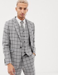 Серый приталенный пиджак в клетку с добавлением шерсти ASOS DESIGN