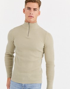 Бежевый обтягивающий джемпер в рубчик на молнии ASOS DESIGN