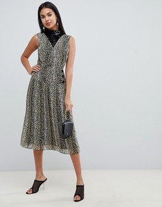 Плиссированное платье миди с леопардовым принтом и пайетками ASOS DESIGN-Мульти