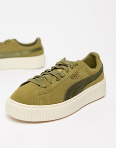 Замшевые кроссовки оливкового цвета на платформе с атласной отделкой Puma-Зеленый