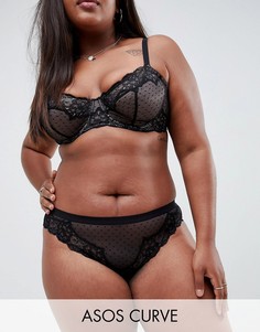 Бразильские трусы из сетки добби в горошек и кружева ASOS DESIGN Curve Lizzie-Черный