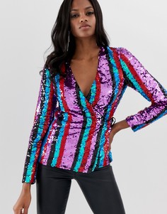 Лонгслив в полоску с отделкой пайетками и запахом ASOS DESIGN-Мульти